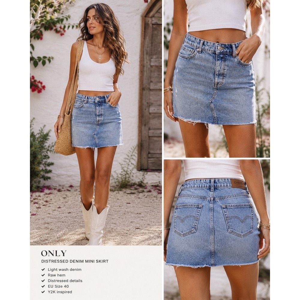 ONLY Blue Denim Mini Skirt Distressed Raw Hem Size EU 40 W30 Indie Festival